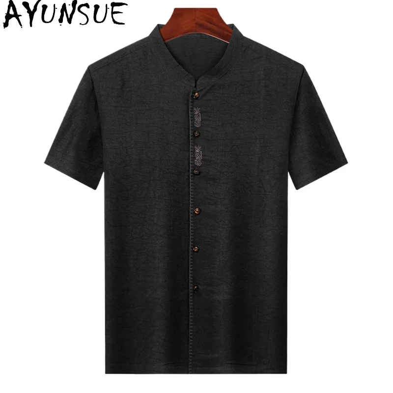 

AYUNSUE High-end 100% Real Mulberry Silk Shirt for Men Summer 2026 Luxury Watered Gauze Tops Short Sleeve Shirts Stand Collar