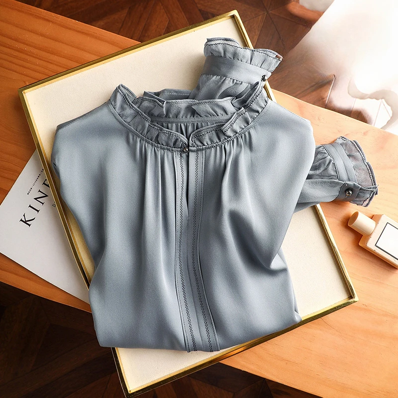 Satin Women's Shirts New Silk Solid Vintage Blouses Loose Spring/Summer O-Neck Ladies Clothing Long Sleeves FASHION Tops