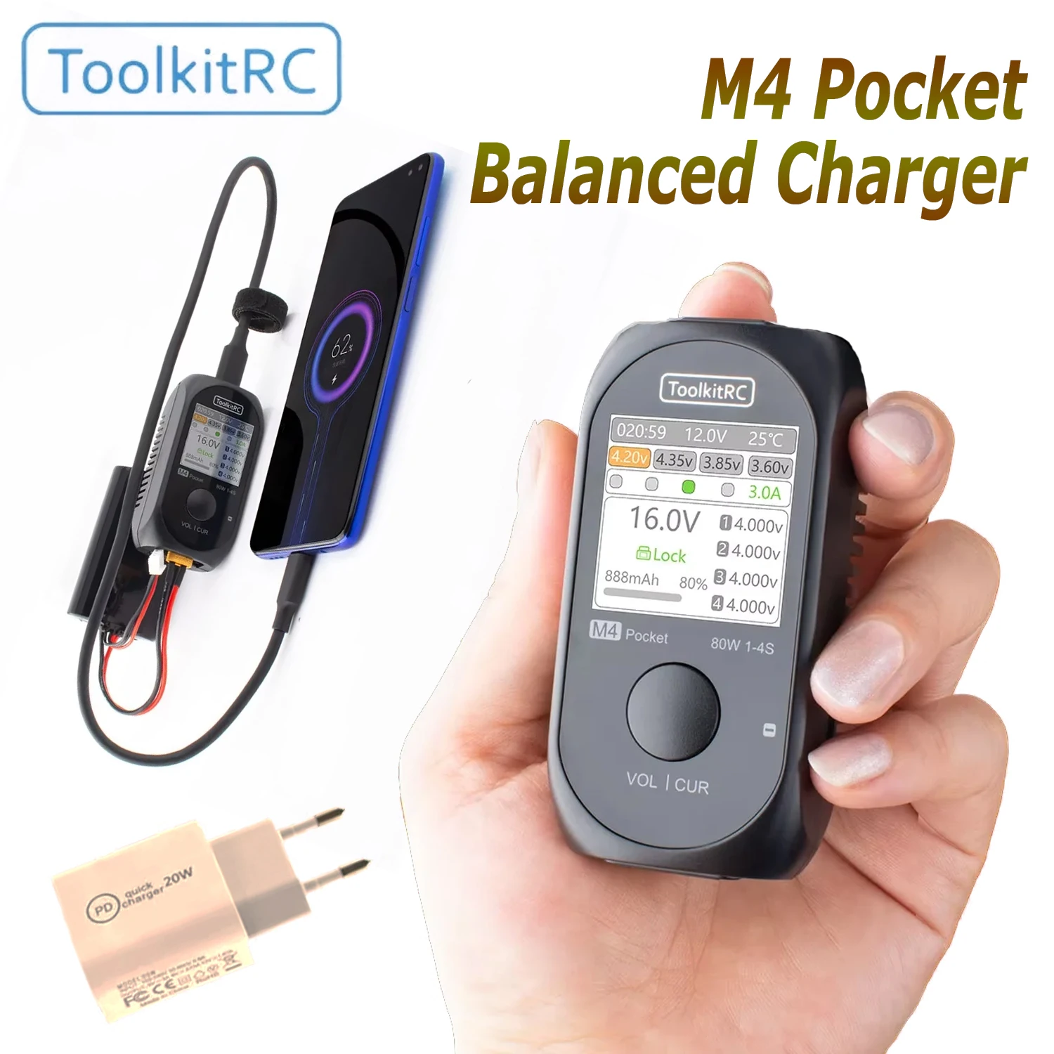 

ToolkitRC M4 Pocket DC 80W 5A XT30 XT60 Input USB-C Input/Output Charger for 1-4S LiPo Battery Quick Charger Function Part