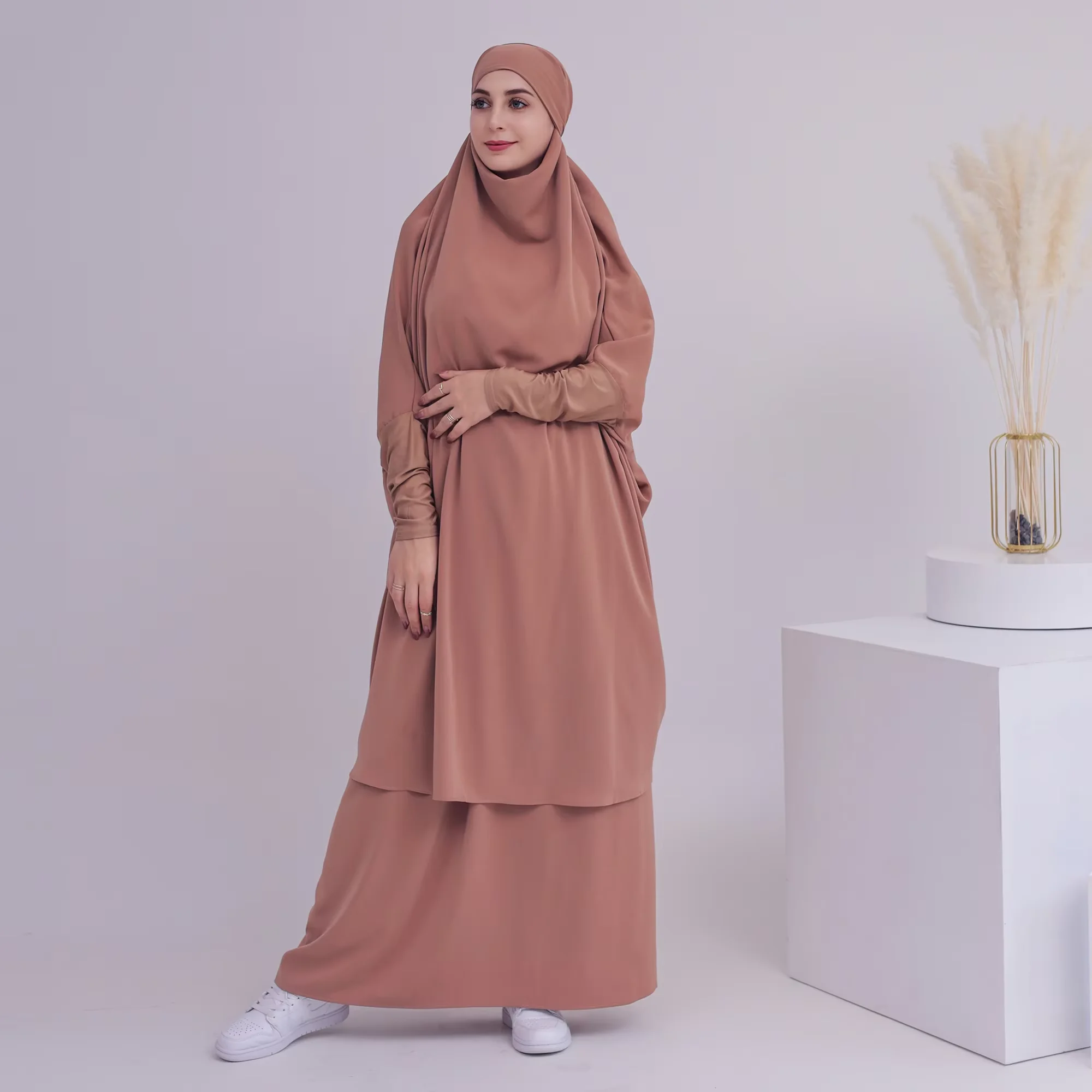 

2 Pieces Set Eid Ramadan Prayer Garment Muslim Women Overhead Khimar Skirt Islamic Clothing Niqab Burqa Abaya Kaftan Robe Caftan