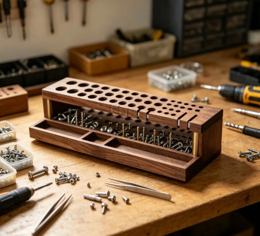 High‑End Black Walnut Leather Craft Tool Storage Stand, Leather Tool Holder with 6‑Piece Sewing Spool for Leather Working