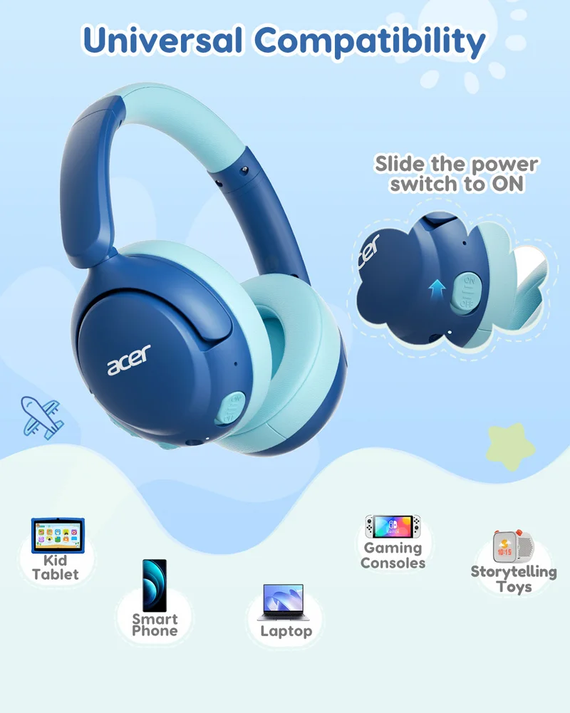 Acer OHR725 Kids Bluetooth 5.4 Headphones Foldable Wireless Over-Ear Headphones 85dB Volume Limiter for IPad,Travel Built-in Mic