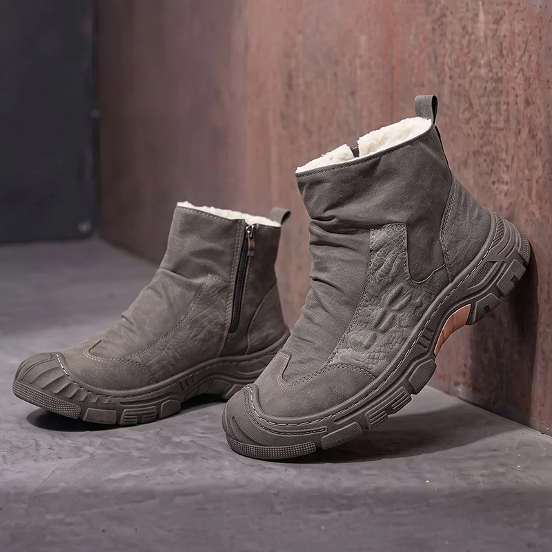 Men's High-top Winter New Model Padded Zipper Wrinkled Anti-slip Comfortable Thick-soled Wear-resistant Fashionable Flat Shoes