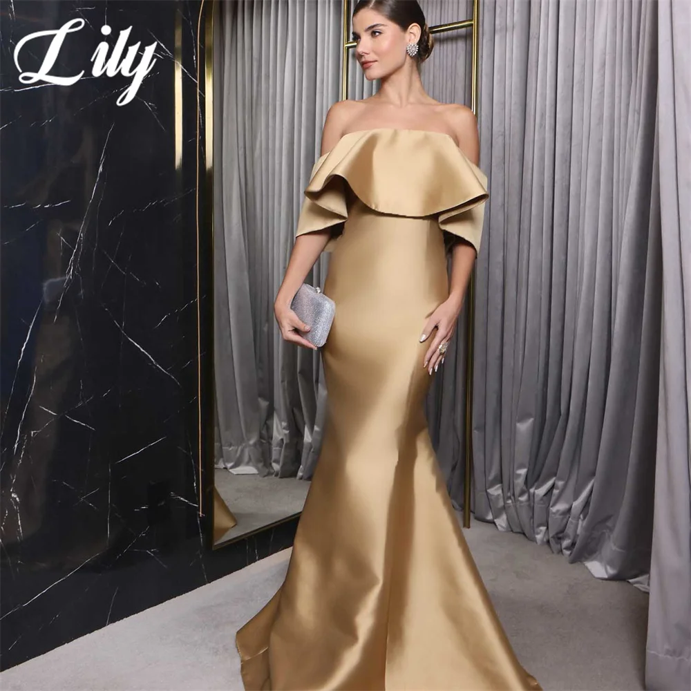 

Lily Champagne Evening Gown Mermaid Sexy Off The Shoulder Prom Dress Satin Pleat Strapless Wedding Evening Dress robes de soirée