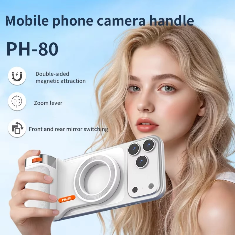 PH-80 Magnetic Phone Camera Grip with Bluetooth Remote Control Shutter Zoom Control Handle for iPhone Samsung Xiaomi Android