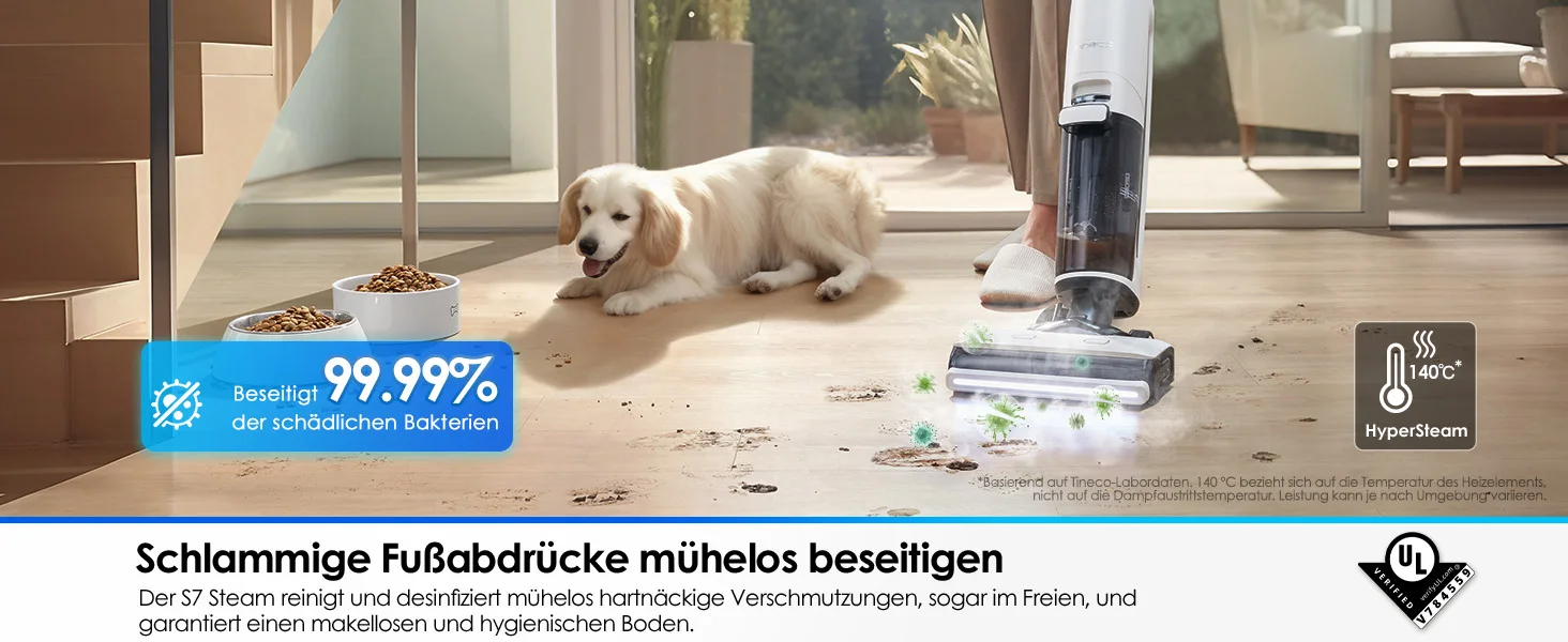 Tineco Floor One S7 Steam Kabelloser Dampfmopp-Bodenreiniger für hartnäckigen Schmutz auf Hartböden mit selbstreinigendem Sieb, Kantenreinigung, Selbstantrieb, ideal für Kinder/Haustiere – Detail 6
