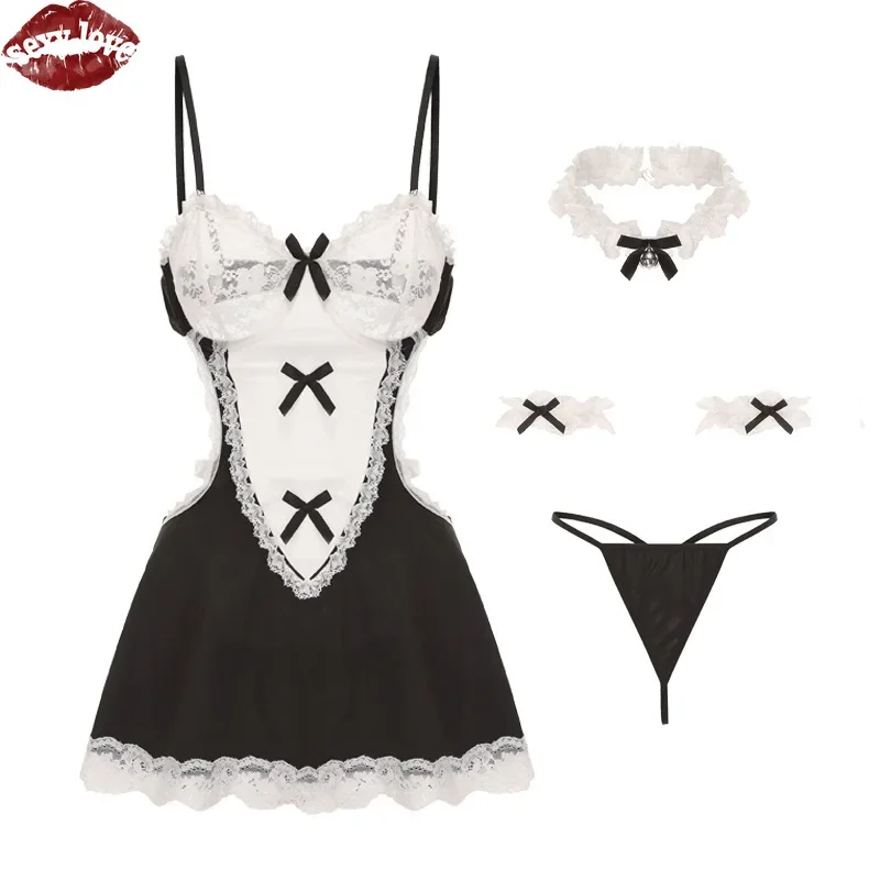 مثير الحب 2025 الساخن بيع الملابس الداخلية مع الحدود الدانتيل الأبيض والقوس الديكور معصمه حلقة عنق T على شكل السراويل ثوب النوم