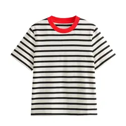 Tangada 2024 Women Striped Cotton T Shirt Short Sleeve Casual Tee Shirt Street Wear Top 4M053