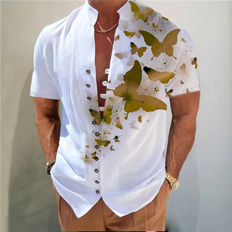 

Summer Print Retro Stand Collar ort Sve Button Men's irt Loose Fit Casual Sle Linen Material Men's Faion Top