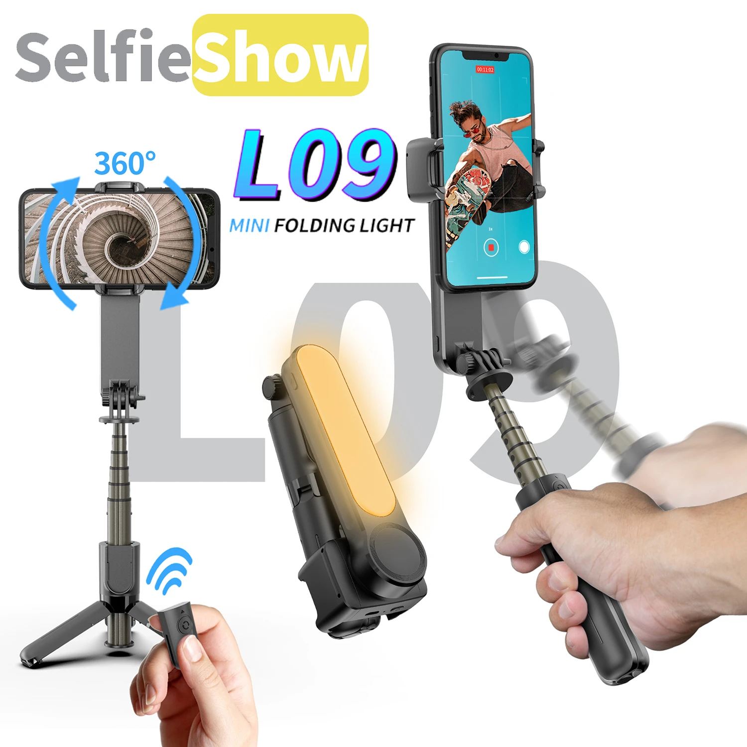 

Selfieshow L09 Fill Light Gimbal MINI Stabilizer Bluetooth Remote Tripod Selfie Stick Adjustable Stand for Cell Phone For IPhone