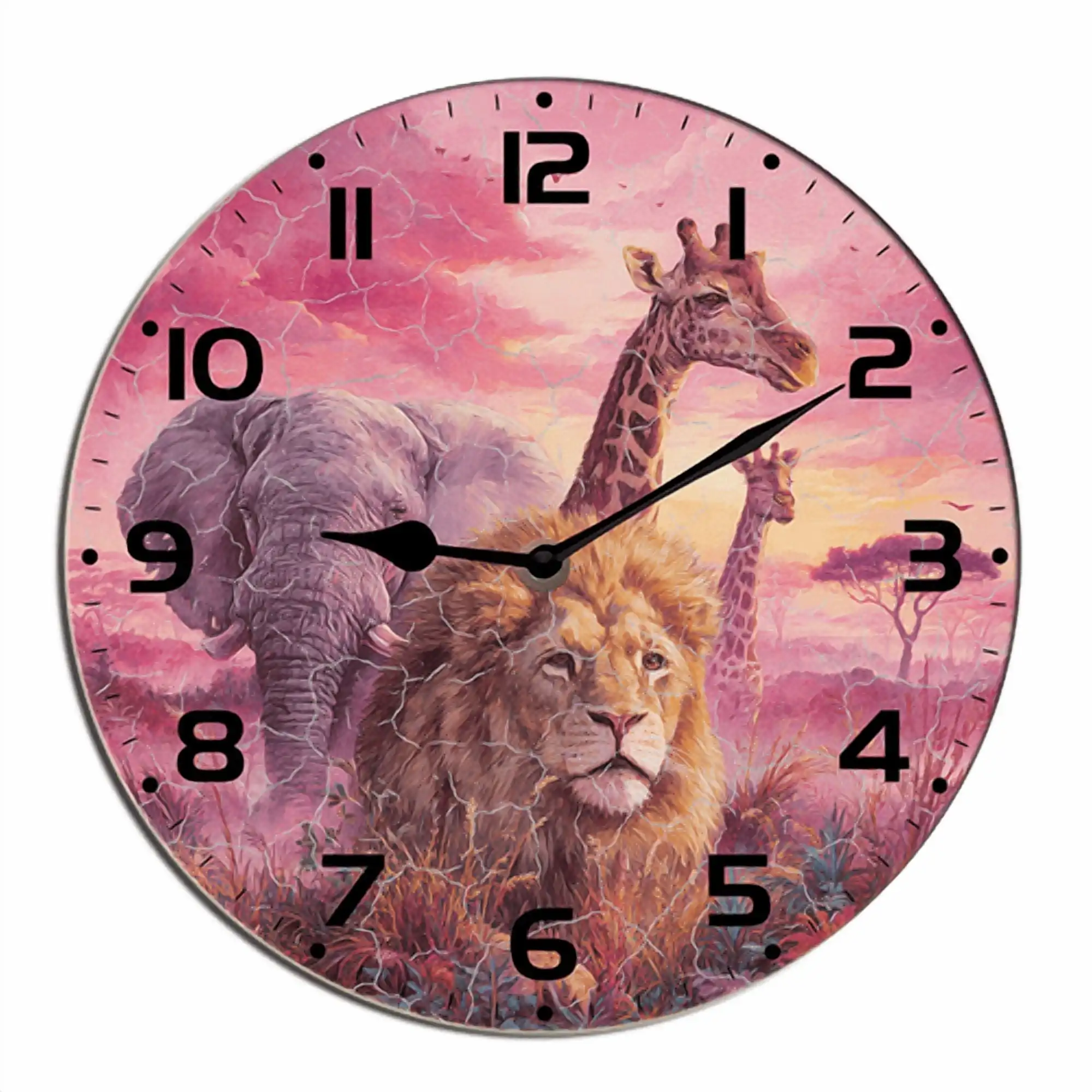 African Animals Wall Clock Elephants,Giraffes,Lions Wooden Clock For Living Room, Battery Operated Easy To Read
