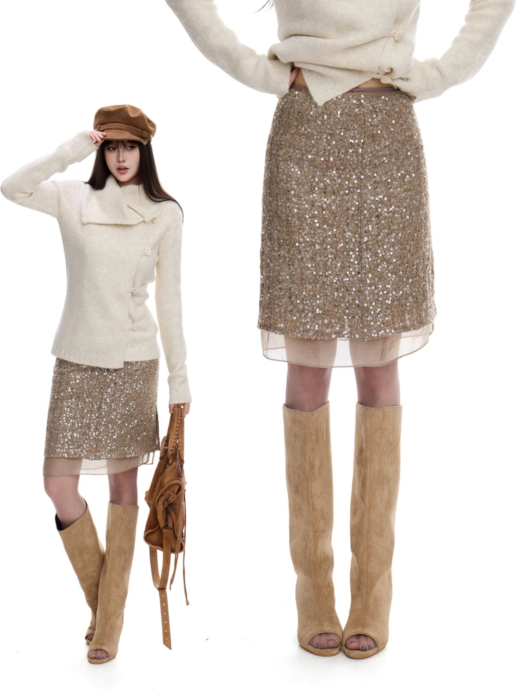 

Женская юбка А-силуэта i Color iny, осенняя новинка в корейском стиле, с пайетками, повседневная, с низкой талией, без стрейча, для ежедневной носки