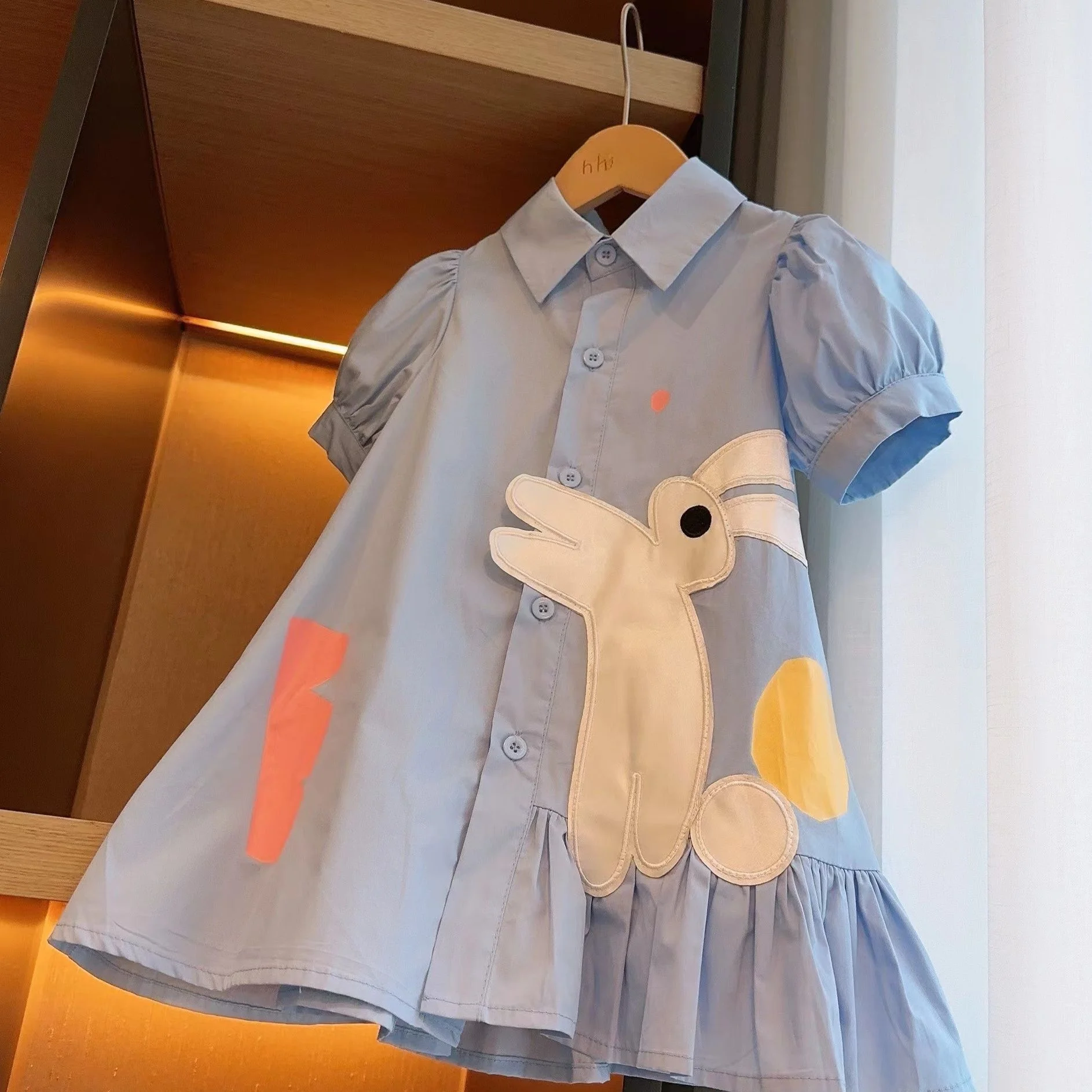 

Princ Sle Pure Cotton Bubble Sve irt Dr for Girls Summer New Korean Version Baby Cartoon Rabbit Design Dr