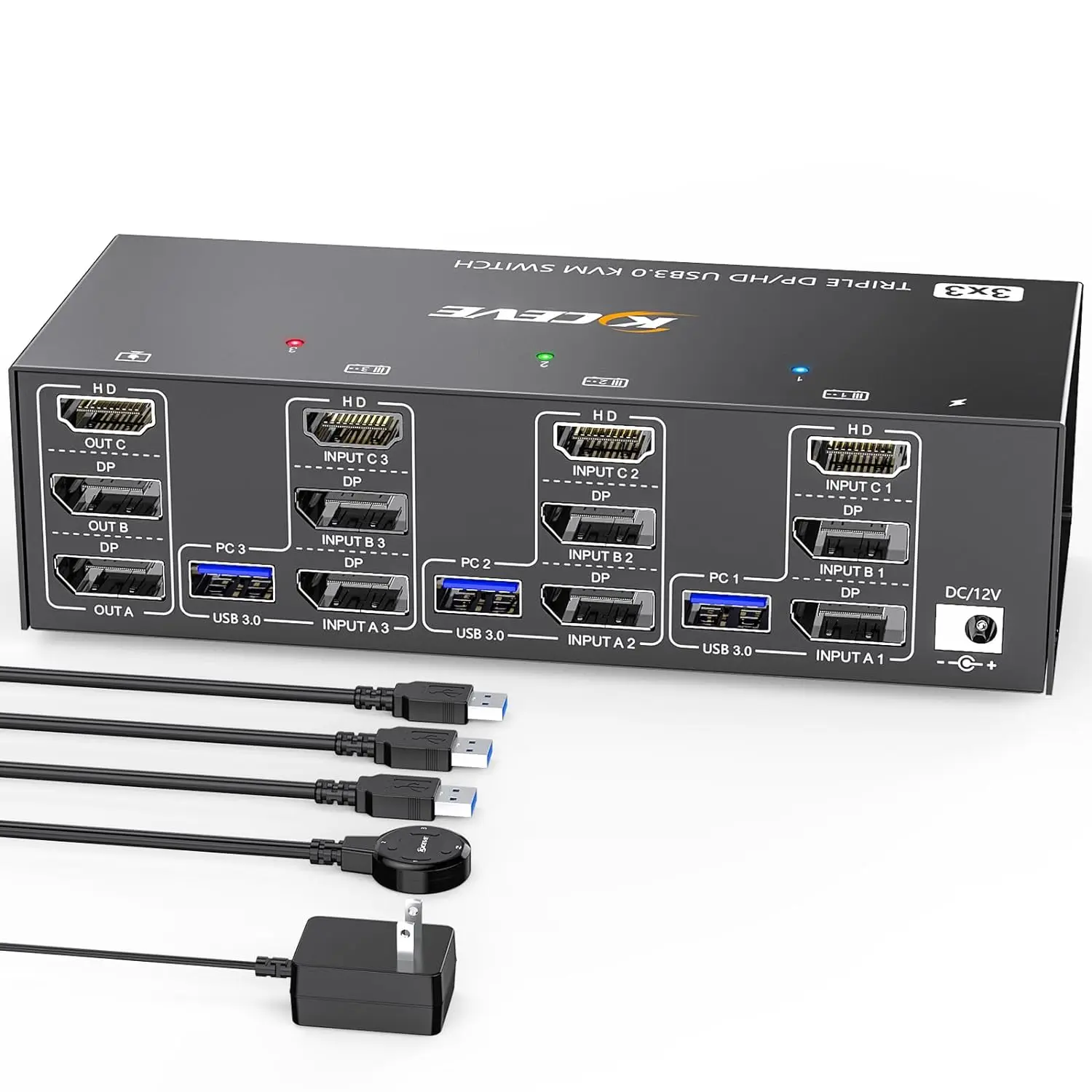 Tripla Displayport HDMI Switch KVM, 3 Monitores, 3 Computadores, USB 3.0, KVM para 8K @ 60Hz, 4K @ 144Hz, Teclado, Mouse, Monitor