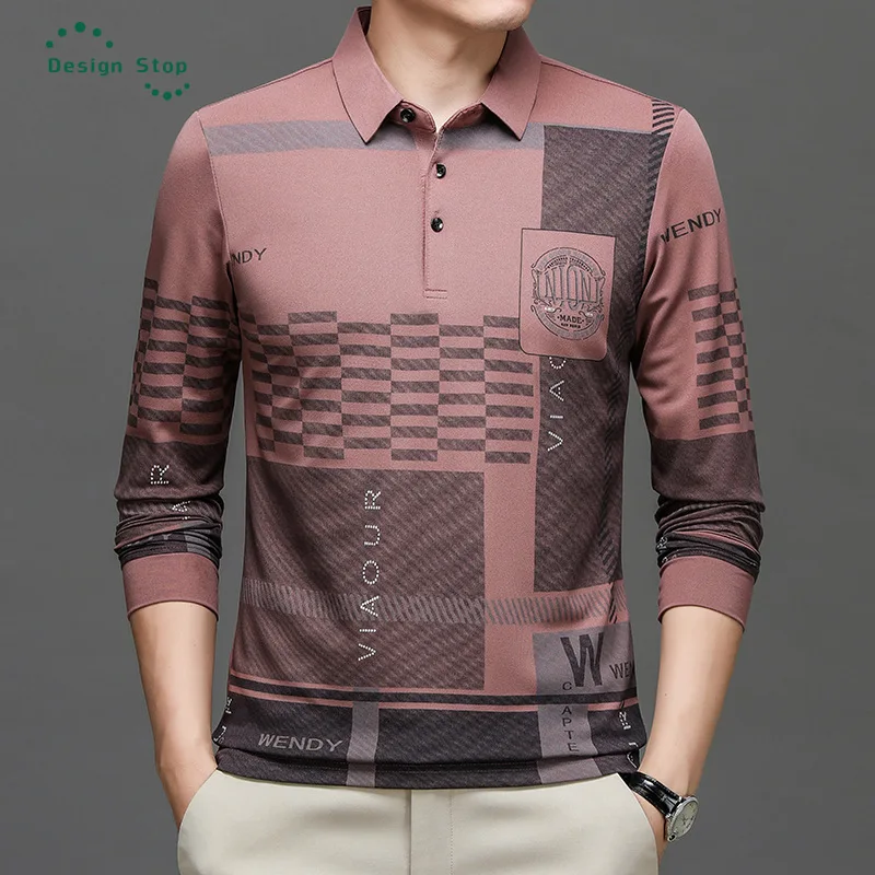 Fashion Brand Men\'s Long Sleeve Polo Shirt Printed Casual Turn-down Collar T Shirt Pullover Polos