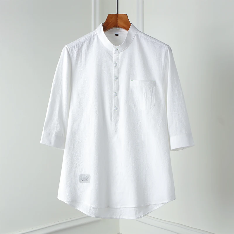 

Mens Korean Fashion Summer Three Quarter Sleeve Shirt Men Casual Button Up Stand Collar Pure Cotton Shirts for Men