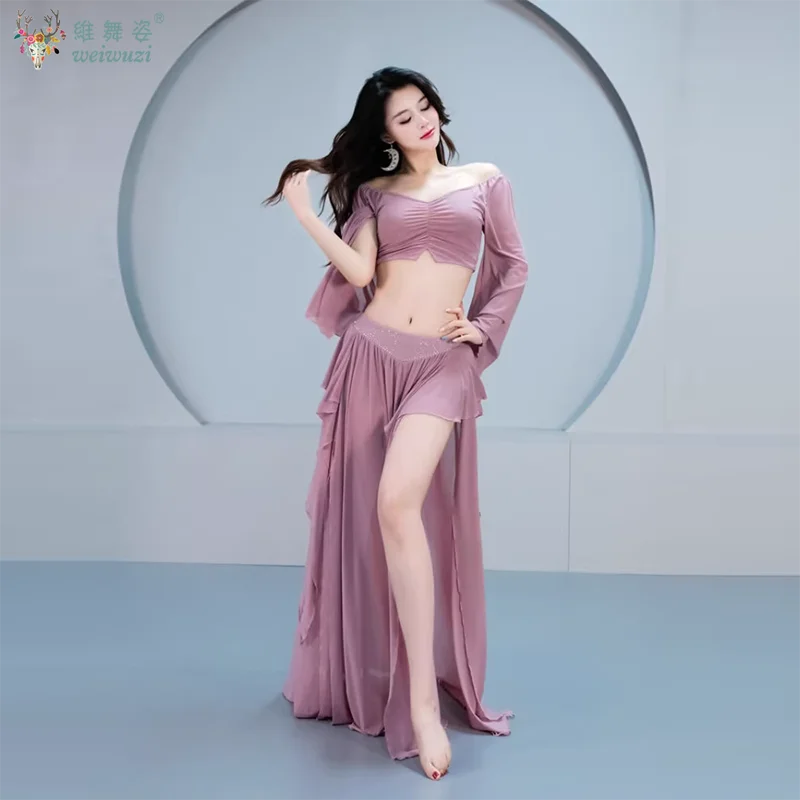 Conjunto de traje de danza del vientre para mujer, Top de manga larga + falda larga de malla con piedras AB, conjunto de ropa de danza del vientre Oriental para adultos, 2 uds.