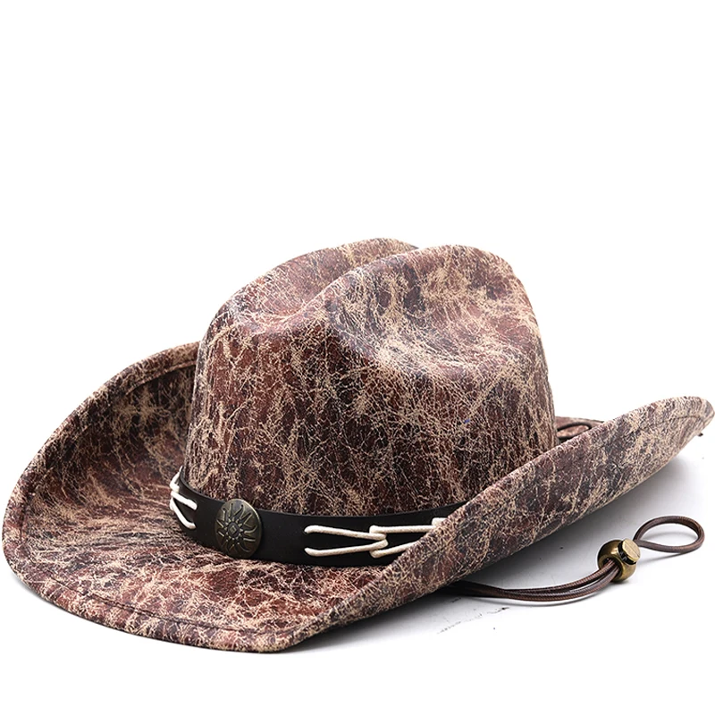 New Leather Western Cowboy Hats For Women Men Vintage Gentleman Dress Hats Panama Cowgirl Jazz Cap Sombrero Hombre