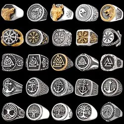 Viking Stainless Steel Ring Anchor Compass Tree of Life Nordic Viking Rune Wolf Men and Women Ring Jewelry for Boyfriend as Gift