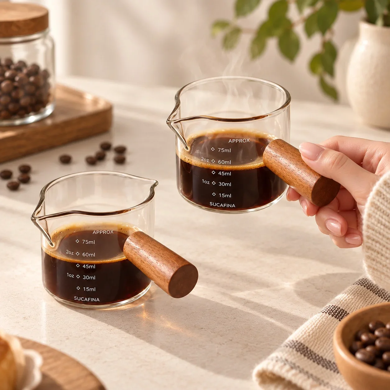 Wood Handle Glass Coffee Measuring Cup, Double Spout Clear Espresso Shot Glass Mug for Milk Coffee Barista Kitchen Coffee Tools