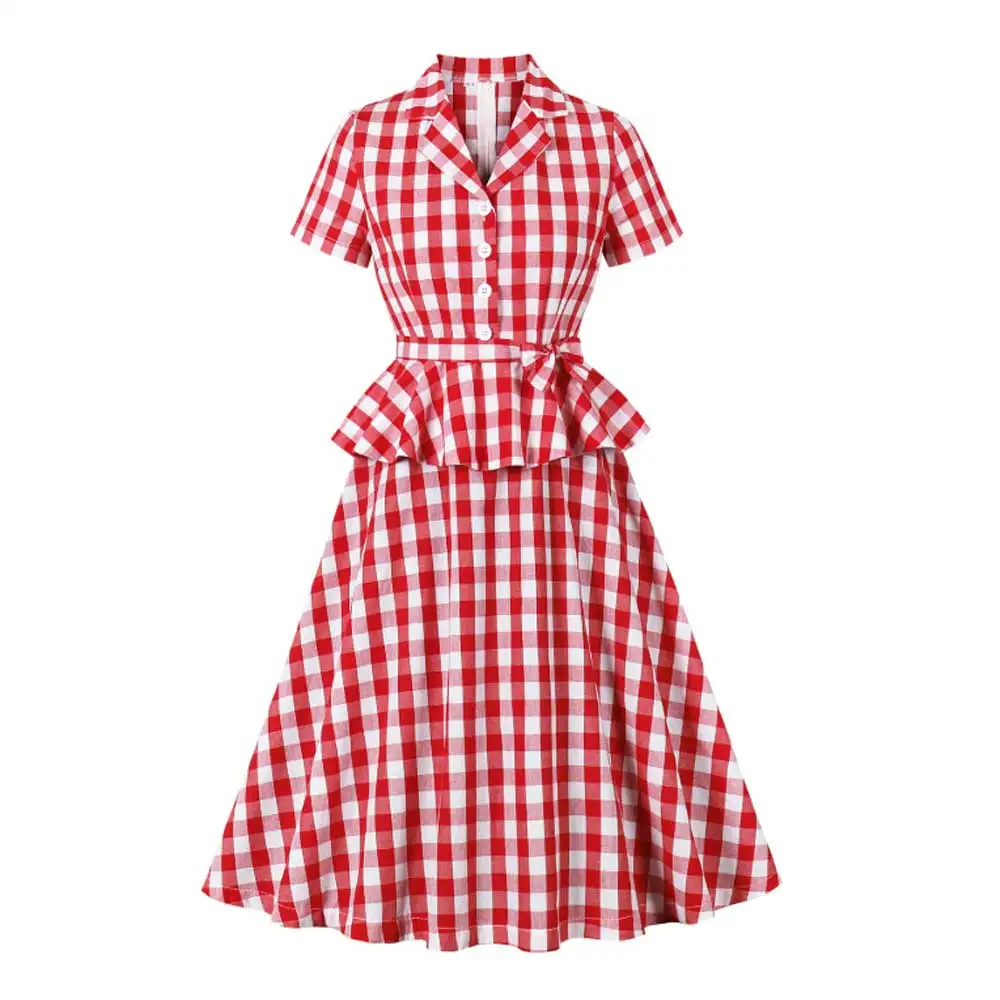 

Tonval Elegant Red Gingham Cotton Midi Dresses for Women Notched Collar Buttons Belted 1950s Vintage Plaid Peplum Dress