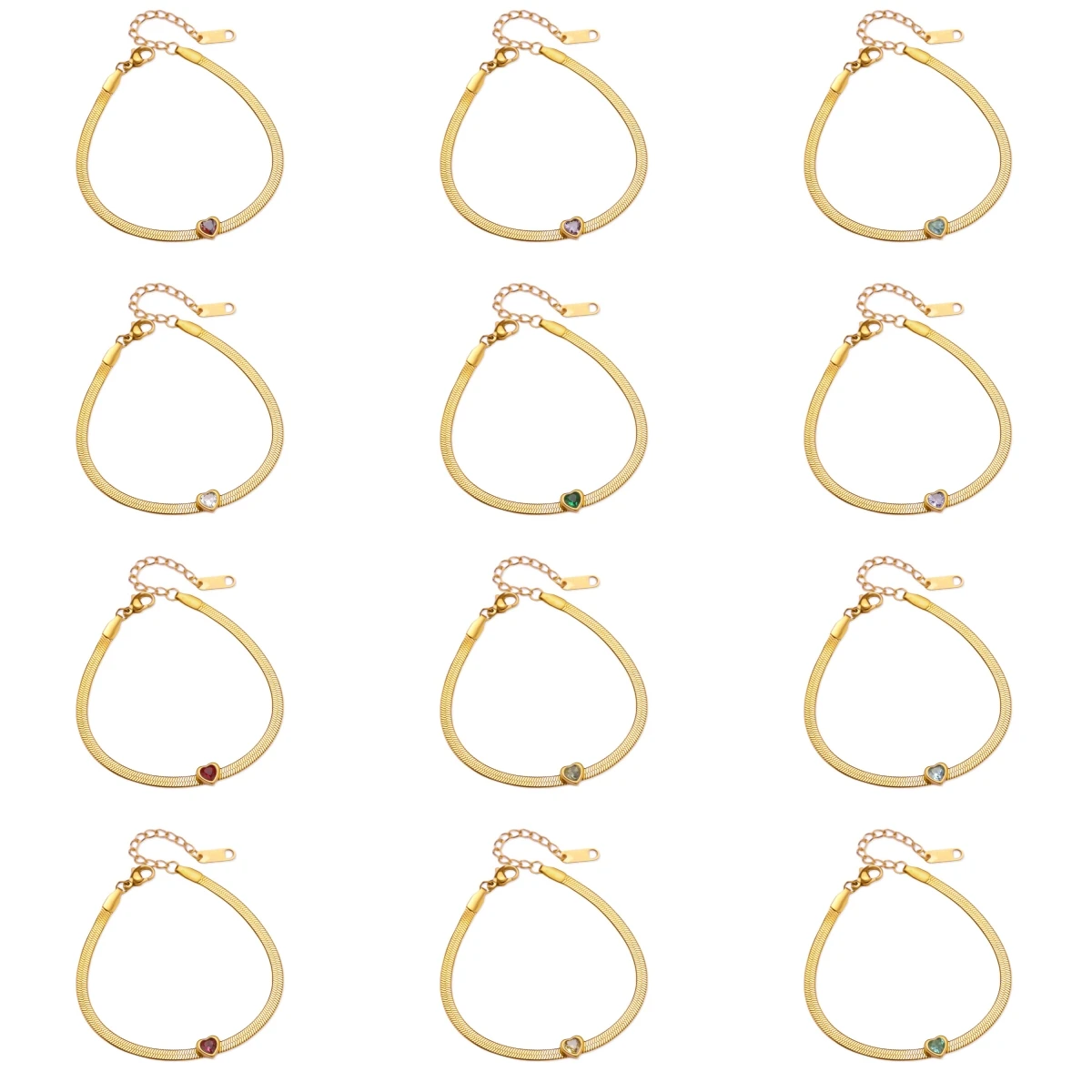 12 Monate Geburtsstein Herz-Armband für Frauen, Goldfarbenes Edelstahl-Flachketten-Armband, Trendiger Geburtstags-Sternzeichen-Schmuck – Detail 2