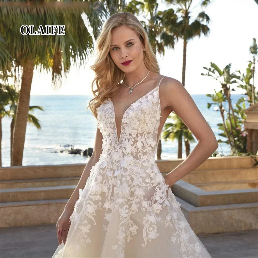 Robe de mariée en dentelle Boho A Line avec poche pour femme, robe de mariée à fleurs en fibre 3D, robe de mariée de plage