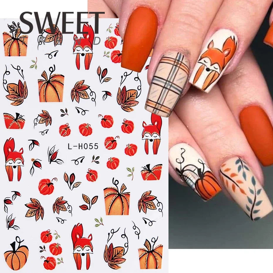 Pegatinas de dibujos animados 3D para decoración de uñas, calcomanías adhesivas de hojas de árbol, hoja de arce, calabaza dorada, otoño e invierno, decoraciones de manicura DIY