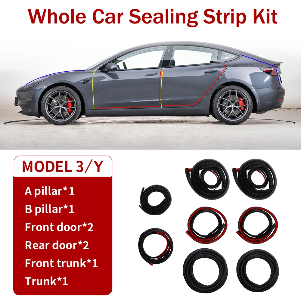 1Set Rubber Auto Door Seal Strips Kit Soundproof Noise Reduction For Tesla Model 3 Model Y 2017-2023 Whole Car Sealing Trim Tape