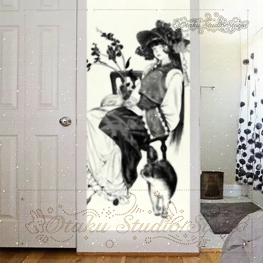 ハラジュク Harajuku Retro Lady & Cat Black Ink Vertical Tapestry やみかわいい Yami Kawaii Vintage Floral Hat Monochrome Door Curtain Polyes