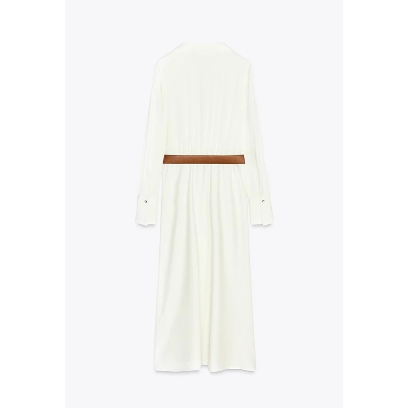 กระโปรงทรงเอเอวสูงผ้าซาตินไหมพรมเนื้อละเอียด แขนยาว คอวี สไตล์ลำลองสำหรับผู้หญิง พร้อมเข็มขัด ผ้าโพลีเอสเตอร์ เหมาะสำหรับใส่ในฤดูร้อน