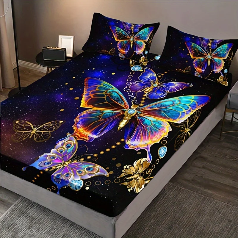 Fashion Luxury Fitted Sheet Set Soft Comfortable Breathable Color Butterfly Print Bedding Set For Bedroom Guest Room