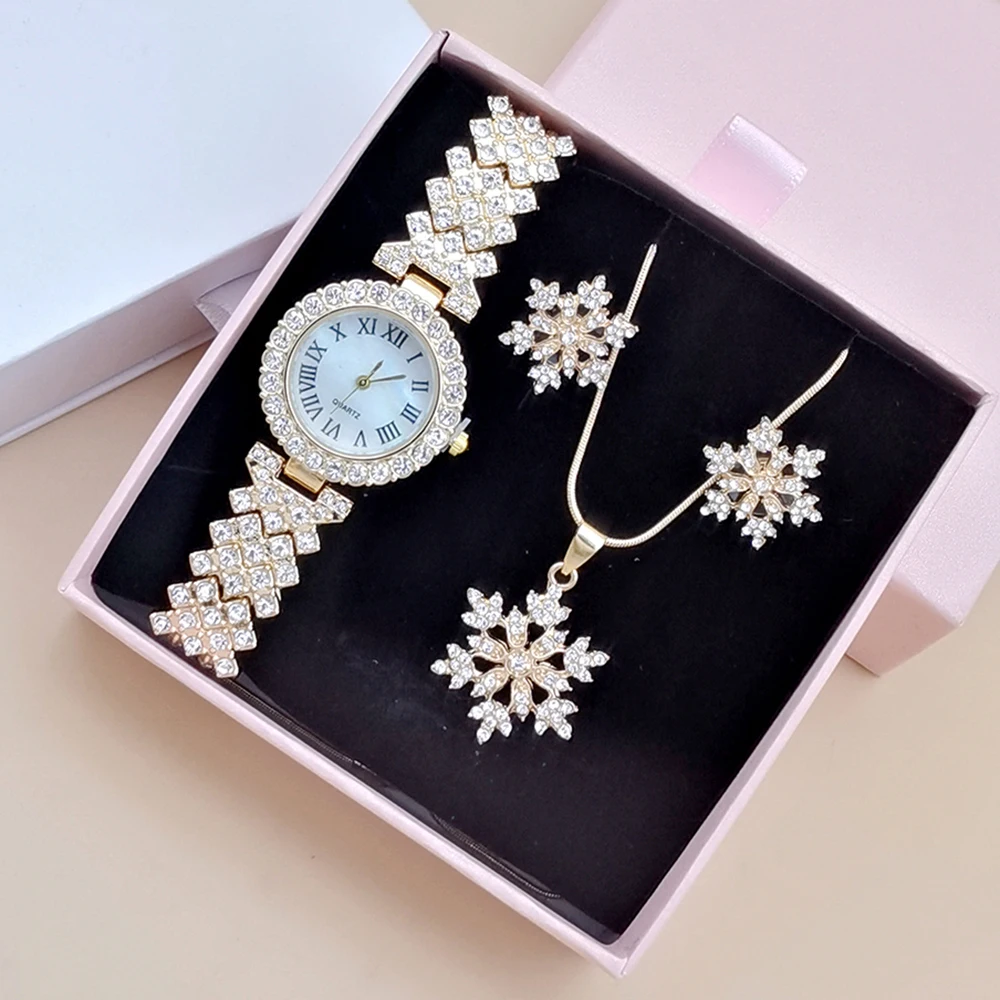 Luxury Rhinestone Watch Fashion Women Quartz Watches With Crystal Snowflake Jewelry Set Earrings Necklace Female Clock With Box