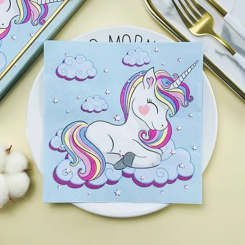 Food Grade Printed Napkins Birthday Party Hotel Baby Shower Paper Blue Rainbow Horse Unicorn Cartoon Coloured Paper Towels