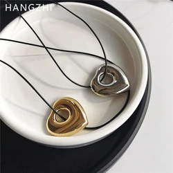 HANGZHI Sliver Gold Color Heart Necklace Black Leather Rope Sweater Neckchain Fashion Vintage Pendant Jewelry for Women