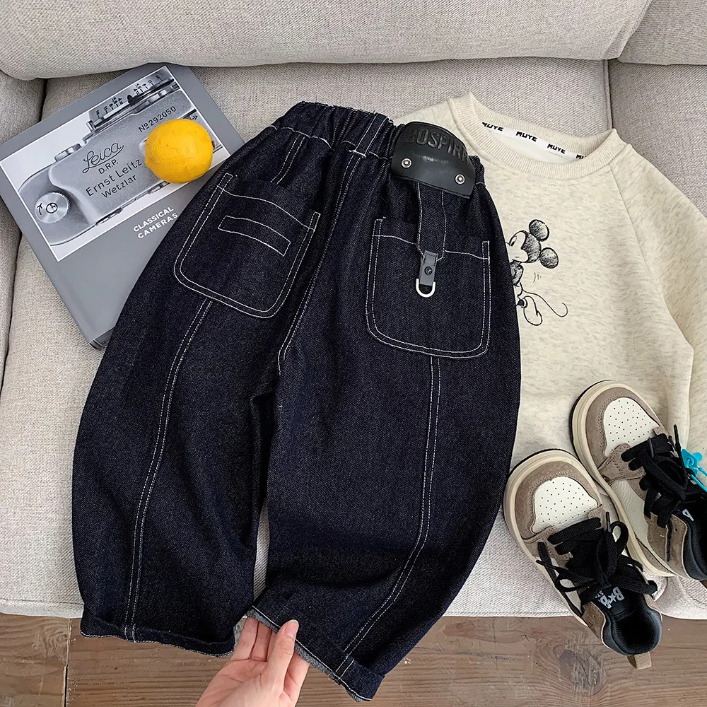 

Kids Baby Boys Demin Pant Elastic Waist Plus Fleece Toddler Boys Blue Jeans New Winter Versatile Infant Boys Loose Warm Pant