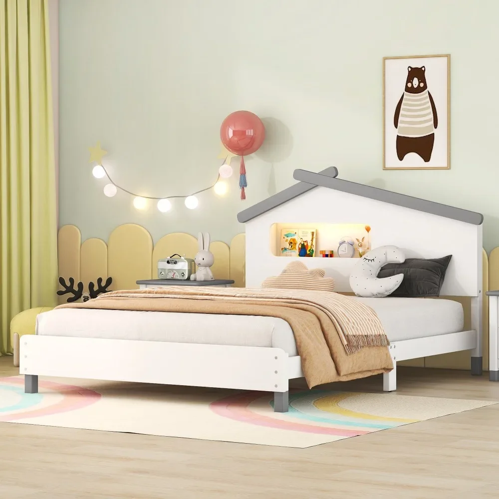 Full Size Wood Platform Bed with House-shaped Headboard and Motion Activated Night Lights Motion Activated Nightlight