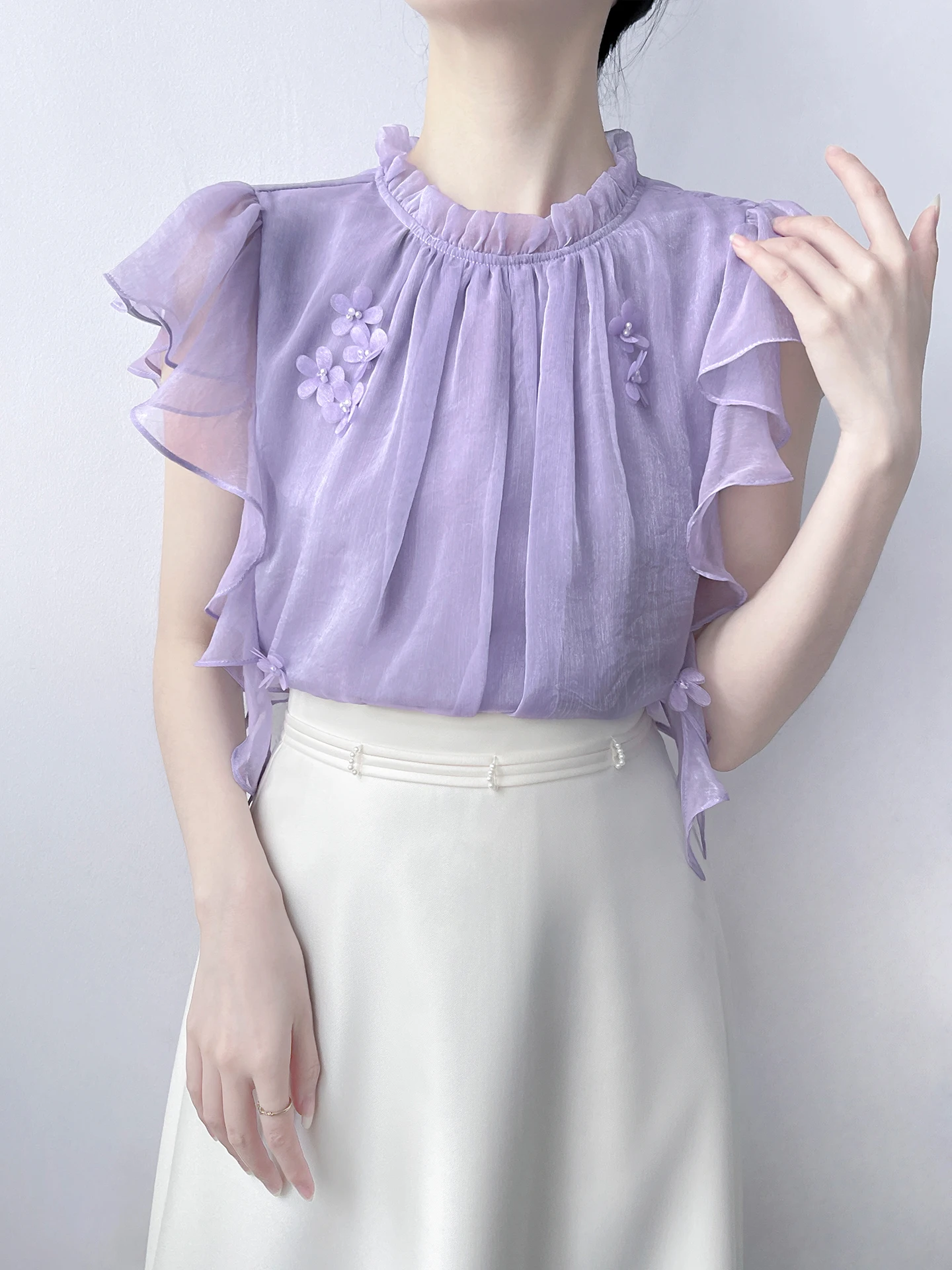 

Korean Style Purple Chiffon Short Sleeve Shirt Women Summer Irregular Design Ruffle Sleeve Stand Collar Sweet Countryside Loo...