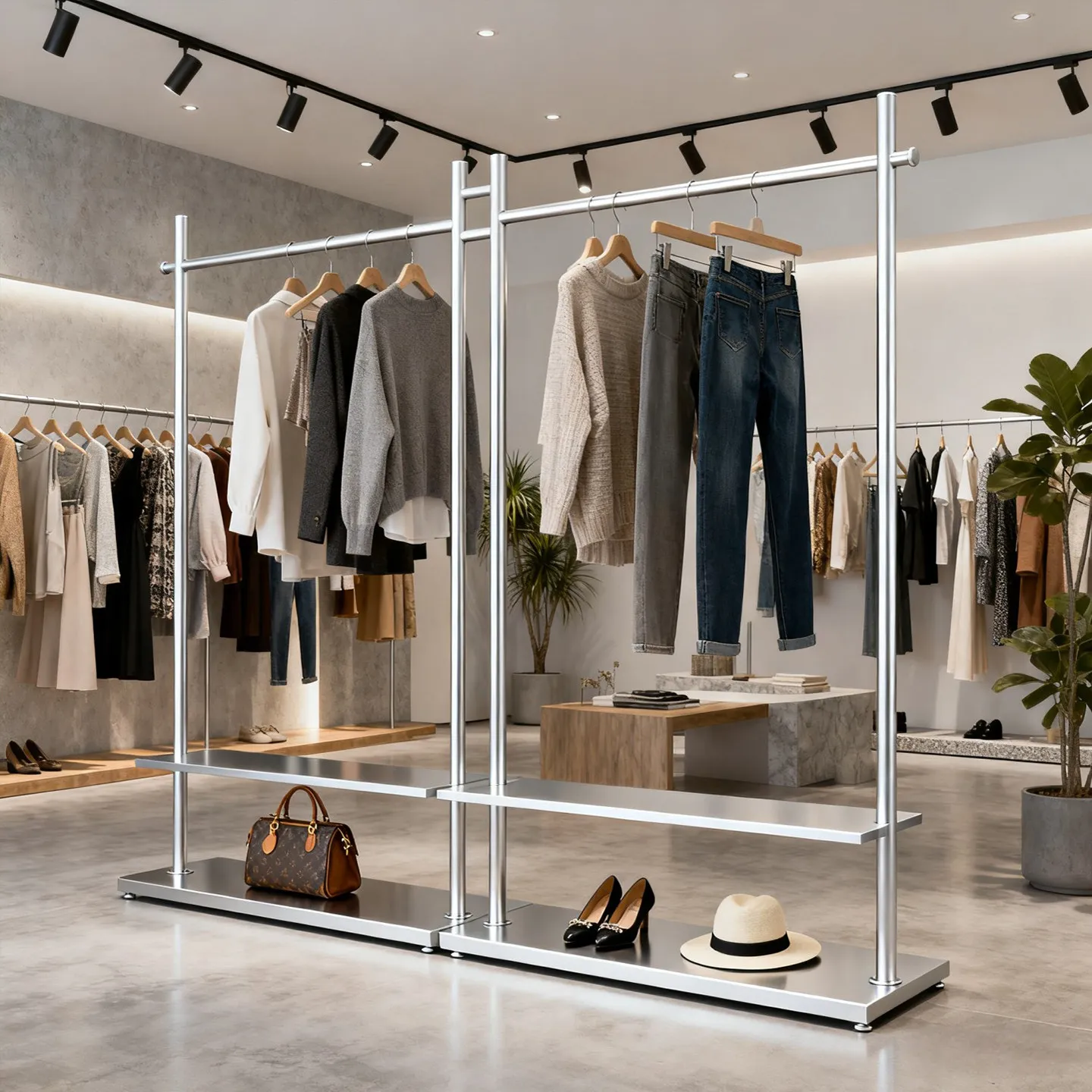 

Напольная витрина-стойка для женской одежды из кованого железа, вертикальная, двойная, для магазинов одежды класса люкс, в стиле «Celebrity Explosion»