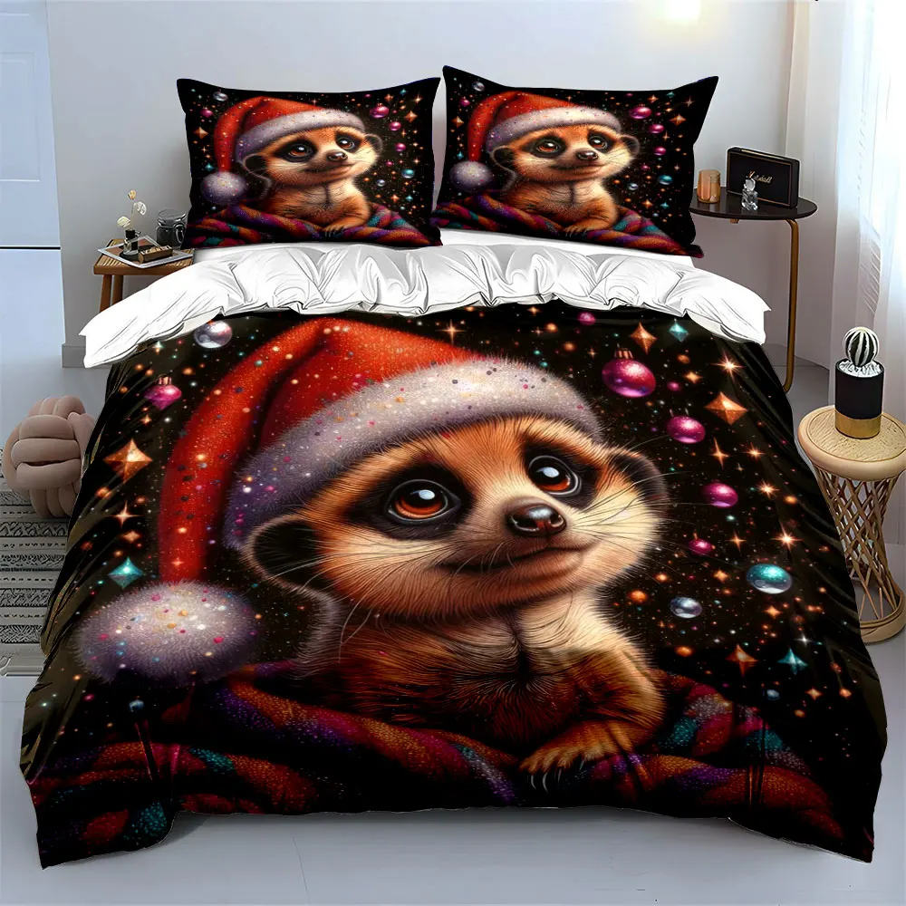 The adorable little meerkat is wearing a Santa hat. Print Duvet Cover Bedding Set Included 1*Duvet Cover 2*Pillowcases