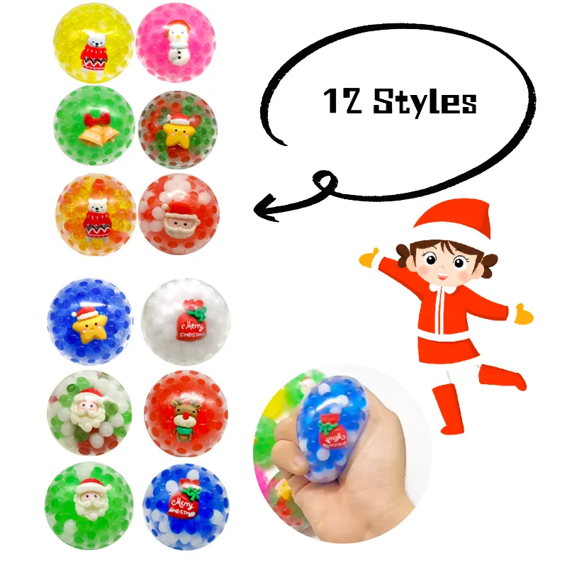 1-12PCS Christmas Stress Balls Squeeze Fidget Toys with Water Beads Santa Cluse Snowman Elk Stress Relief Toys for Party Favors
