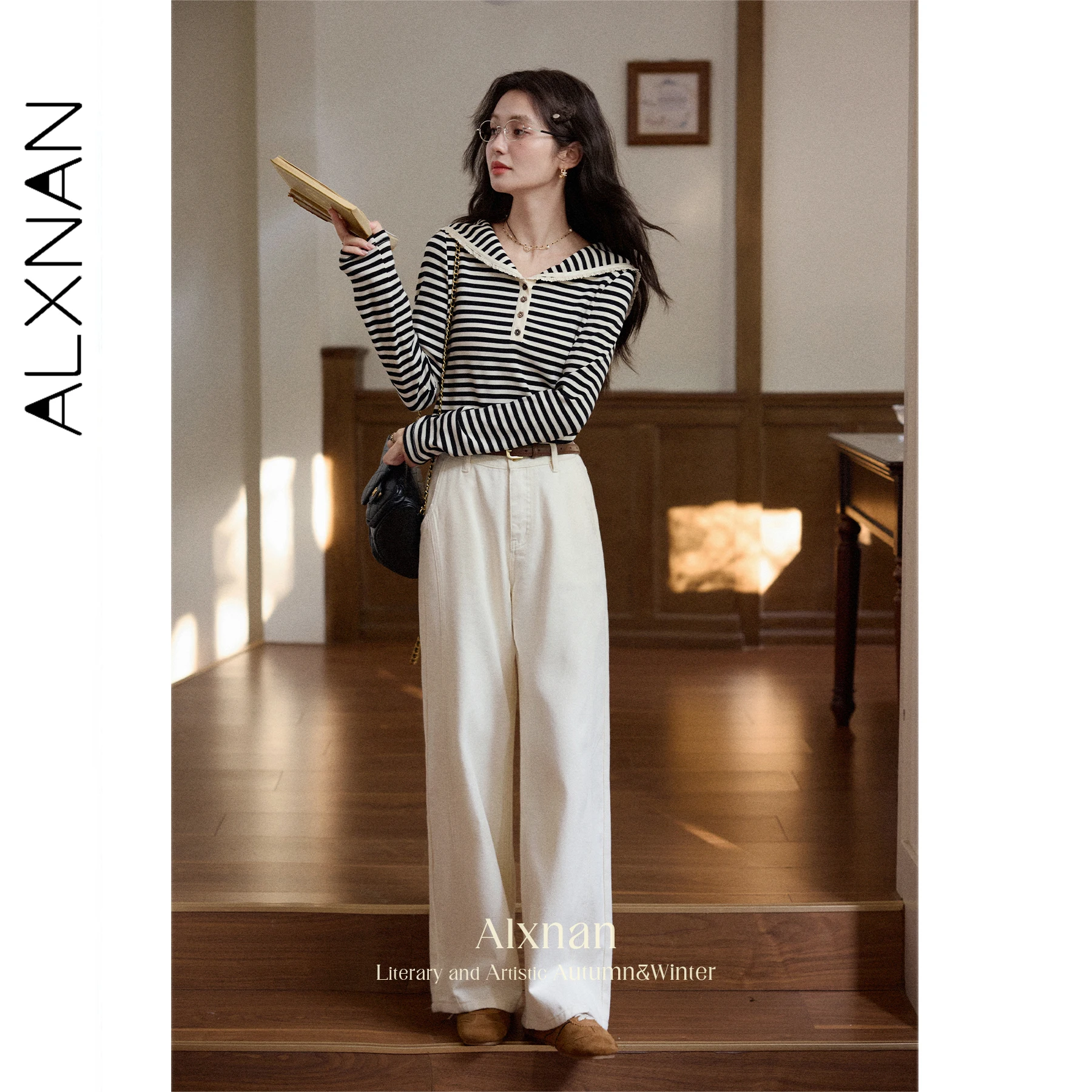 

ALXNAN Navy Collar Striped T-shirt Women Autumn Casual Long Sleeve T-shirts Elegant Wooden Flower Buttons Tops Female L569130
