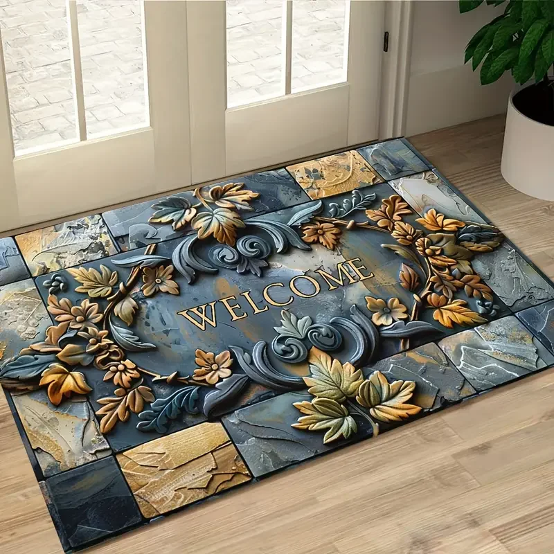 1PC Luxurious 3D Embossed Stone & Botanical Embossed Welcome Mat - Non-Slip, Waterproof, for Entryway, Living Room, Bathroom 영빈석