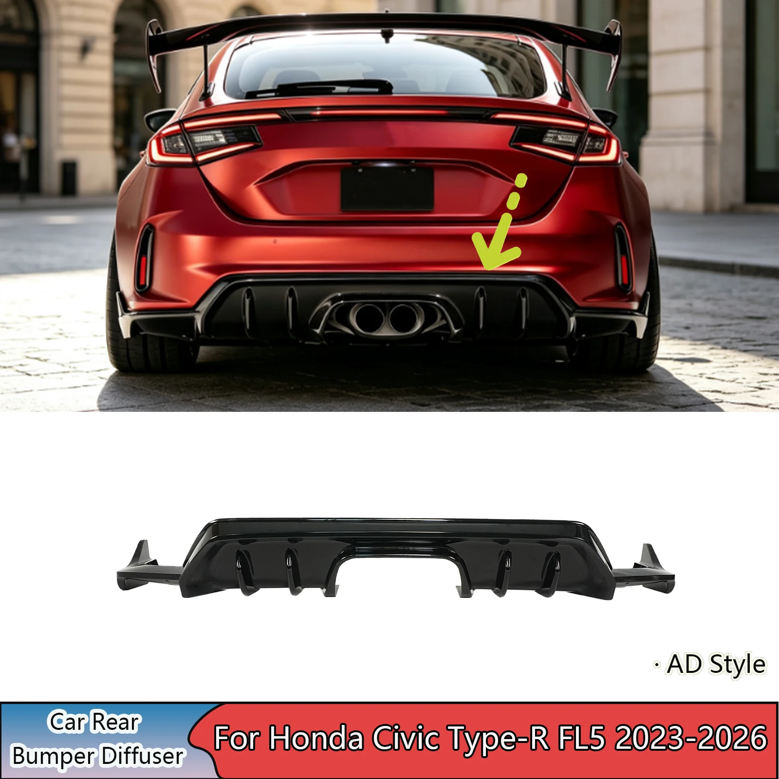 Diffuseur de pare-chocs arrière pour Honda Civic Type-R FL5 2023 - 2026 Noir brillant/Style fibre de carbone Accessoires auto en plastique ABS