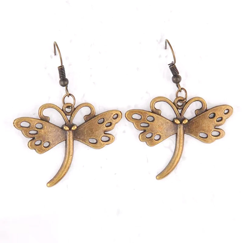 28*36Mm Antique Bronze Vintage Metal Dragonfly Earrings For Women Earing Metal Alloy Drop Dangle Earring Jewelry Fashion