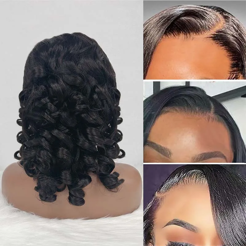 

Loose Wave Lace Front Wig 250 Density Bouncy Double Drawn 12A 100% Human Hair Natural Black 13x4 Lace Full Frontal Curly Wigs