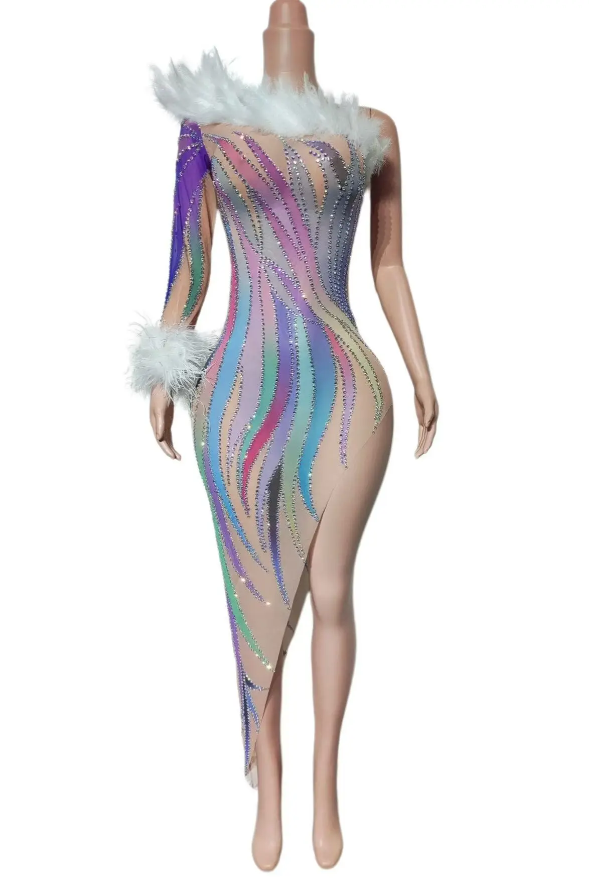 Women Gradient Rhinestone Mesh Dress, One Shoulder Feather Trim Asymmetric Gown, Dancer Singer Costume For Club Party Stage Show