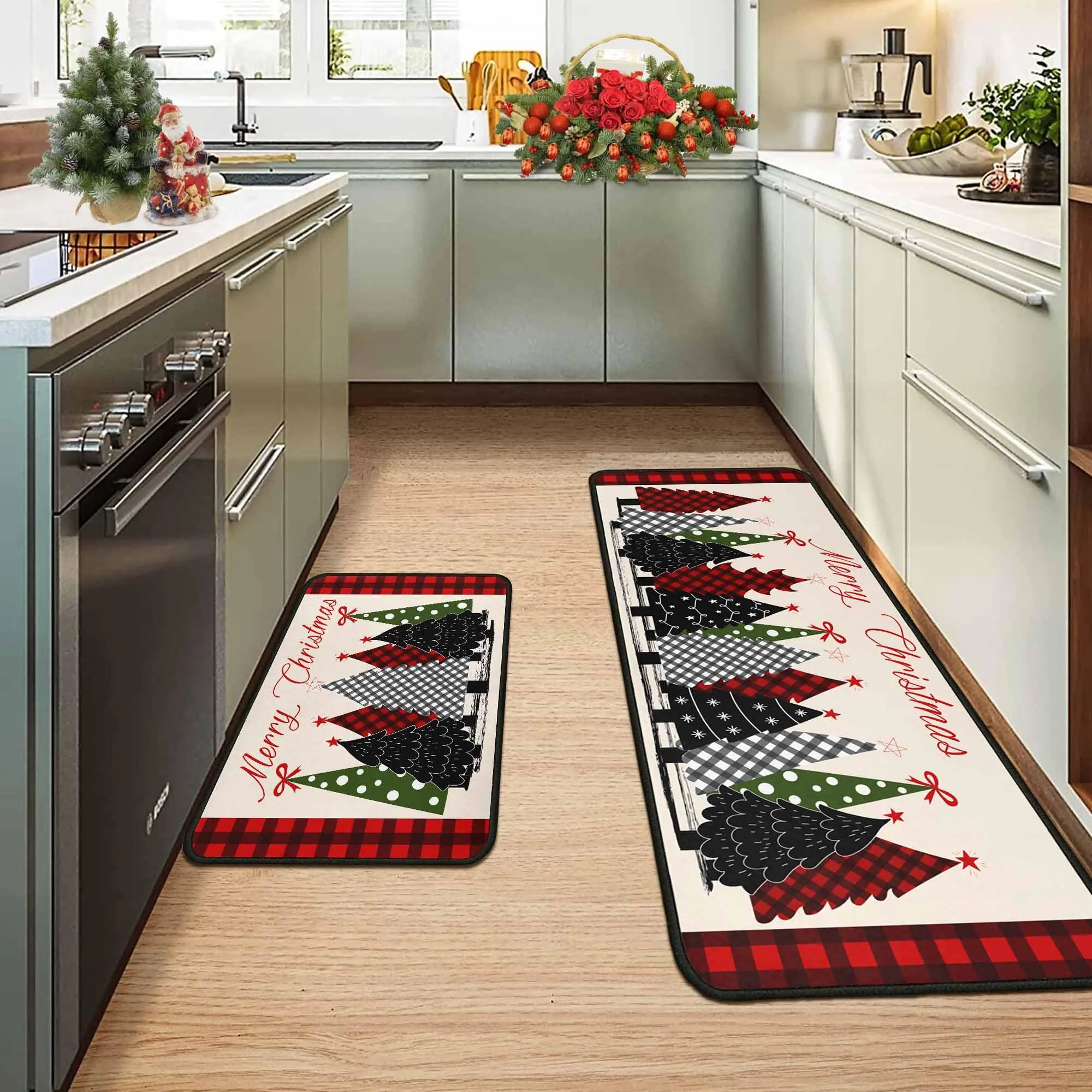 VIKAMA 2-teiliges Weihnachts-Fußmatten-Set, schmutzabweisend und rutschfest, für den Eingangsbereich, für Küche und Waschküche, Heimdekoration