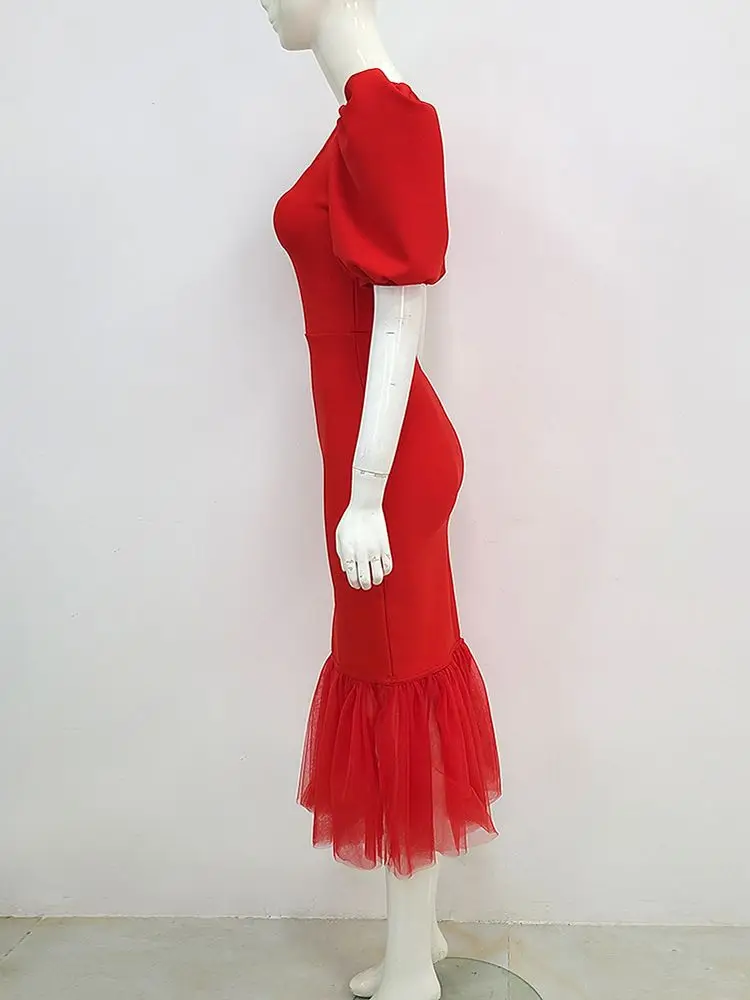 Robe de soirée à manches bouffantes pour femmes, tenue de soirée rouge, Sexy, moulante, col en V, mi-longue, style sirène, élégante, été, 2023