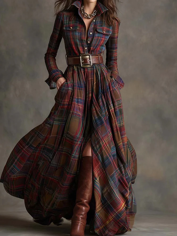 New Women's Lapel Plaid Printing Slim Fit Dress Autumn Long Sleeve Fashion Chic Party Dress with Buttons Elegant Ladies Dresses